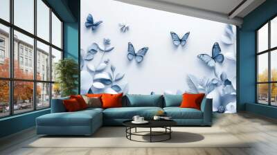 blue butterflies and flowers foliage in different colors on white background
 Wall mural