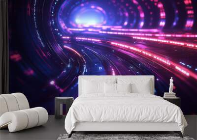 futuristic abstract background of light trails in tunnel led glowing purple pink blue fuchsia Wall mural