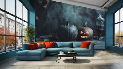 halloween jack o lantern pumpkins on wood table leaves misty smoky orange dark Wall mural