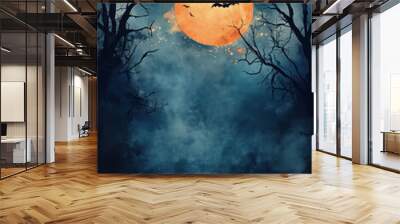 halloween night background orange moon blue dark sky spooky tree bats haunted watercolor style card invitation background party invite backdrop space for copy text Wall mural