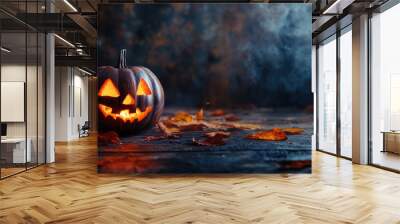 jack o lantern halloween holiday orange pumpkin on the street in the dark background smoky orange blue night decoration leaves on the ground  Wall mural