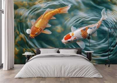 koi carp fish swimming water caustics pond orange gold sunlight clear blue ripples Wall mural