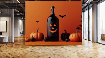 orange halloween background with jack o lantern pumpkins bats autumn leaves black orange space for text wine bottle Wall mural