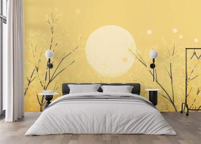 yellow illustration view of sun through flower branch leaves Wall mural