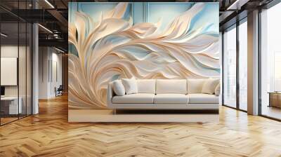 Living room interior design with 3D wallpaper with soft blue leaves on a blue wall with soft, smooth, graceful waves Wall mural