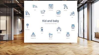 kid and baby concept 14 colorful outline icons. 2 color blue stroke icons Wall mural