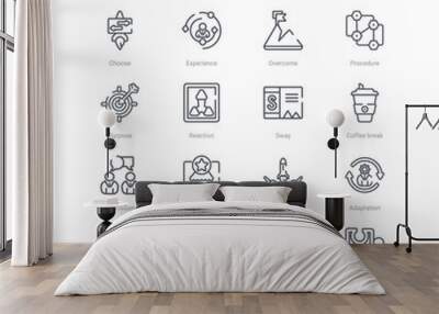 set of 16 startup concept vector line icons such as jigsaw, mission, decision, identity, adaptation, Wall mural