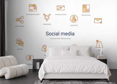 social media concept 14 colorful outline icons. 2 color blue stroke icons Wall mural