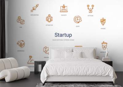 startup concept 14 colorful outline icons. 2 color blue stroke icons Wall mural