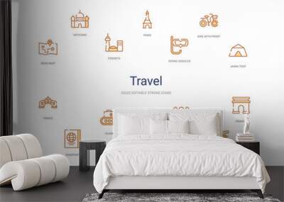 travel concept 14 colorful outline icons. 2 color blue stroke icons Wall mural