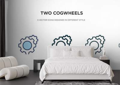 two cogwheels icon in different style vector illustration. two colored and black two cogwheels vector icons designed in filled, outline, line and stroke style can be used for web, mobile, ui Wall mural