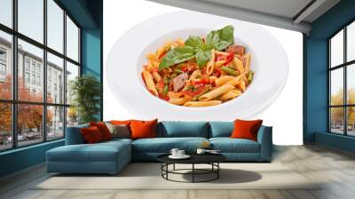 Italian pasta with stewed vegetables in bowl, isolated on white Wall mural