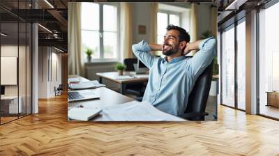 a man sitting at his desk with his hands behind his head. Generative AI. Wall mural