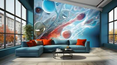 Abstract biology , microscopic view of organic substance, microorganism or cells, macro. Microbiology concept. Scientific background. 3D illustration. glowing organisms in the dark Wall mural