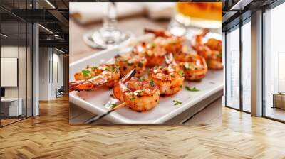 Grilled shrimp skewers. Seafood, shelfish. Shrimps Prawns skewers with spices and fresh herbs on white plate, copy space. Shrimps prawns brochette kebab. Barbecue srimps prawns. Wall mural