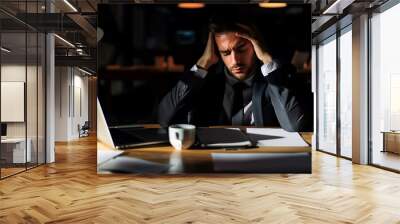 A businessman sits at his desk, looking exhausted and stressed. Wall mural