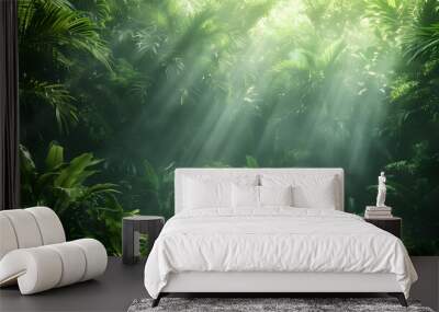 A lush, dense jungle with sunlight filtering through the green leaves Wall mural