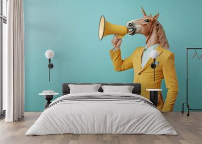 A man wearing a horse mask and a bright yellow suit, holding a megaphone Wall mural