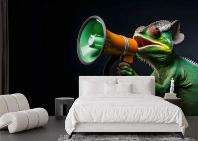 Chameleon announcing using megaphone. Notifying, warning, announcement. Wall mural