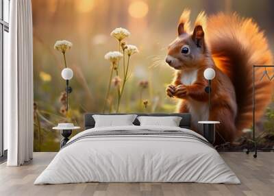 Cute squirrel and beautiful flowers in the garden. AI generated Wall mural