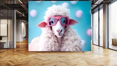 Fashionable sheep with eyeglasses. AI generated Wall mural