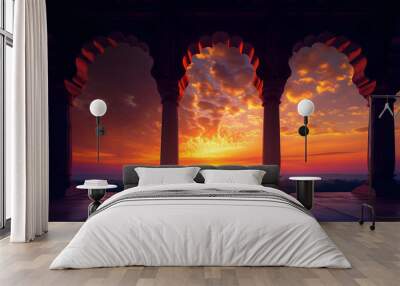 Indian arch silhouette in old temple at dramatic sunset Wall mural