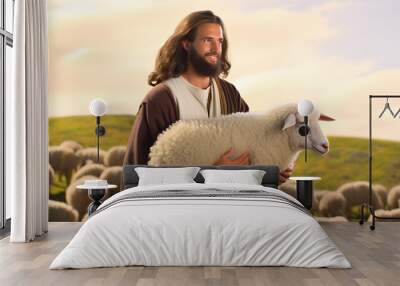 Jesus Christ, the good shepherd and sheep at green hill. AI generative Wall mural