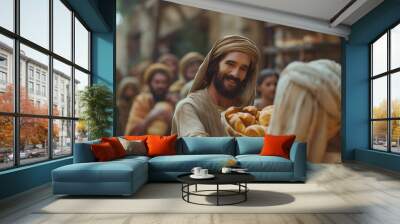 Jesus Christ feeding crowd of five thousand people with loaves Wall mural