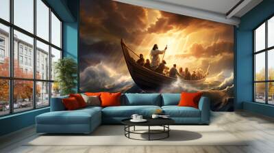 Jesus Christ on the boat calms the storm at sea. Wall mural