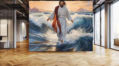 Jesus Christ walking on water during storm at sunset. AI generated Wall mural