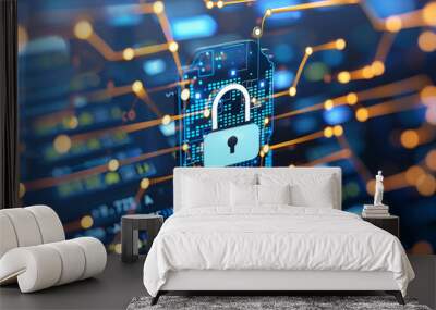 Lock with circuit pathways. Data security, cybersecurity, cyber defense concept. Wall mural