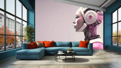 Mechanic head of human female robot with artificial intelligence. Wall mural