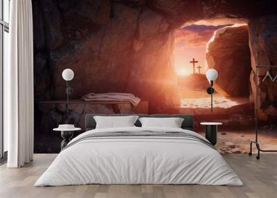 Resurrection Of Jesus Christ, Tomb Empty With Shroud And Crucifixion At Sunrise Wall mural