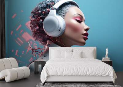 Robotic woman listening song from headphones. AI generated music concept. Wall mural