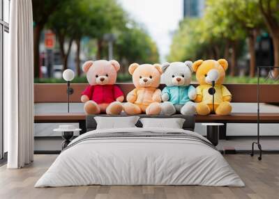 Teddy bear toys sitting on woody bench Wall mural