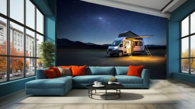 Van car under stars during midnight. Van life Wall mural