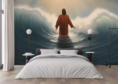 Back view of Jesus Christ walking on water at sea. Wall mural