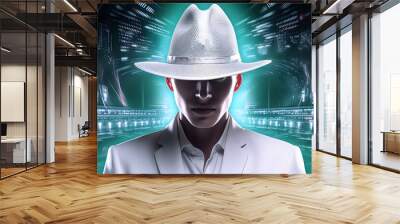 Hacker with white hat. Concept of ethical hacking, dark web, cybercrime, cyberattack Wall mural