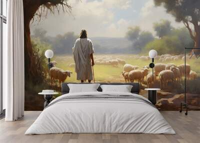 jesus christ, the good shepherd and sheep at the grove. ai generative Wall mural