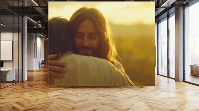 Jesus Christ hugging and comforting a man, offering peace and reassurance Wall mural