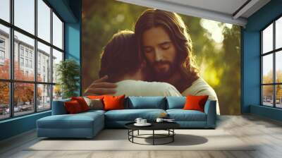 Jesus Christ hugging and comforting a man, offering peace and reassurance Wall mural