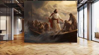 Jesus Christ on the boat calms the storm at sea. Wall mural