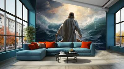 Jesus Christ on the boat calms the storm at sea. Wall mural