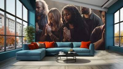 Multiethnic people praying for blessings from god. AI generative Wall mural