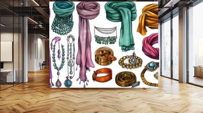 Clipart of colorful fashion accessories like scarves belts and jewelry grouped according to style Generative AI Wall mural