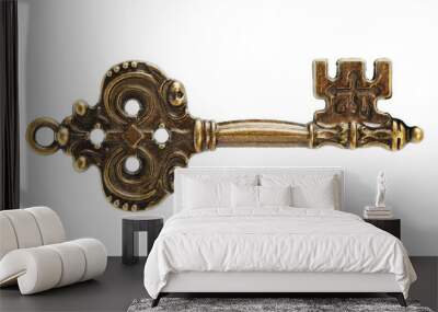 A single old brass key against a white background Wall mural