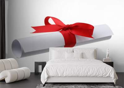 Diploma, close up of paper scroll with red ribbon isolated on white background Wall mural