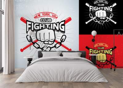 Fighting t shirt design, logotype, boxing monochrome vector label , badge , logo for hipster flyer, poster or t-shirt print with fist, broken chain, baseball-bat and text. Wall mural