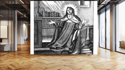 Antique vintage religious allegorical engraving or drawing of nun or Christian holy woman saint Teresa.Illustration from Book Die Betrubte Und noch Ihrem Beliebten..., Austrian Empire,1716. Artist is Wall mural