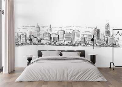 Artistic sketchy pen and ink drawing illustration of generic city high rise cityscape landscape with skyscraper buildings. Wall mural